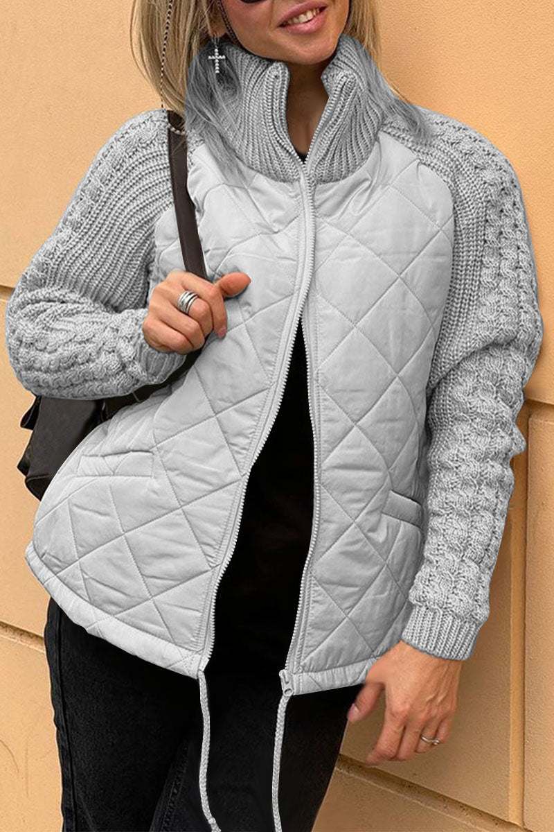 Women's Casual Solid Color Knitted Patchwork Zipped Jacket grey