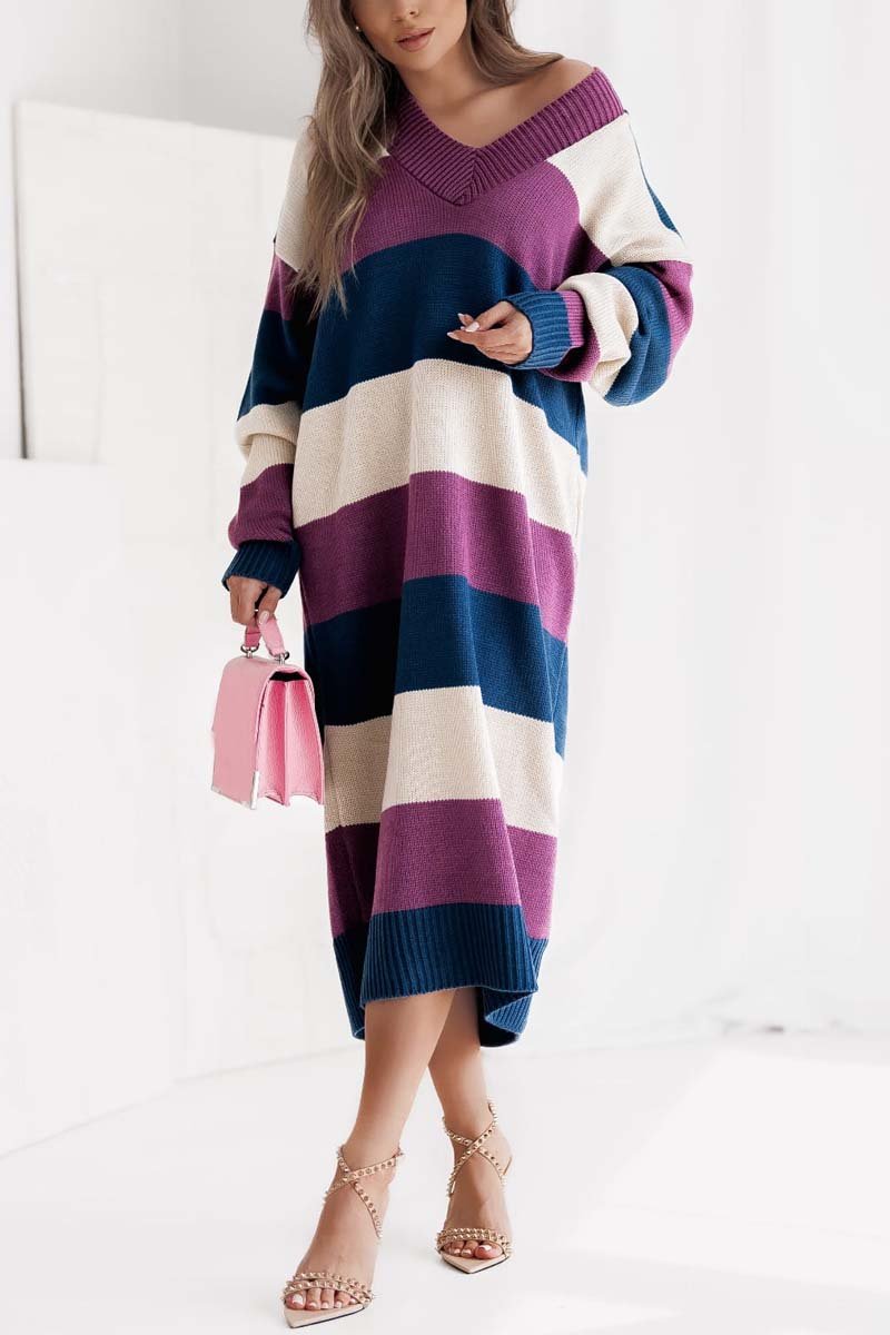 Women's Casual Loose Striped Sweater Dress Purple