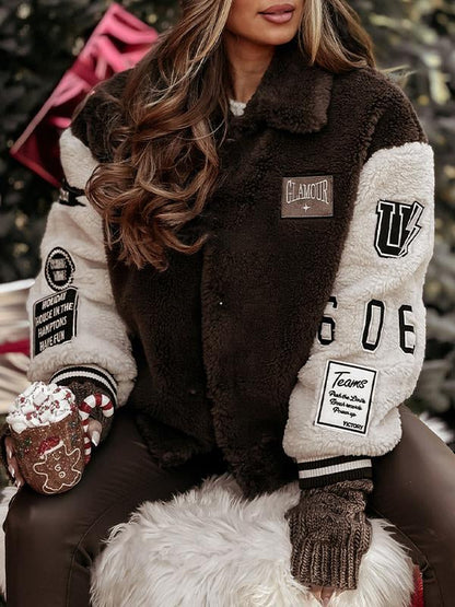 Women's Lapel Long-sleeved Plush Patchwork Coat brown