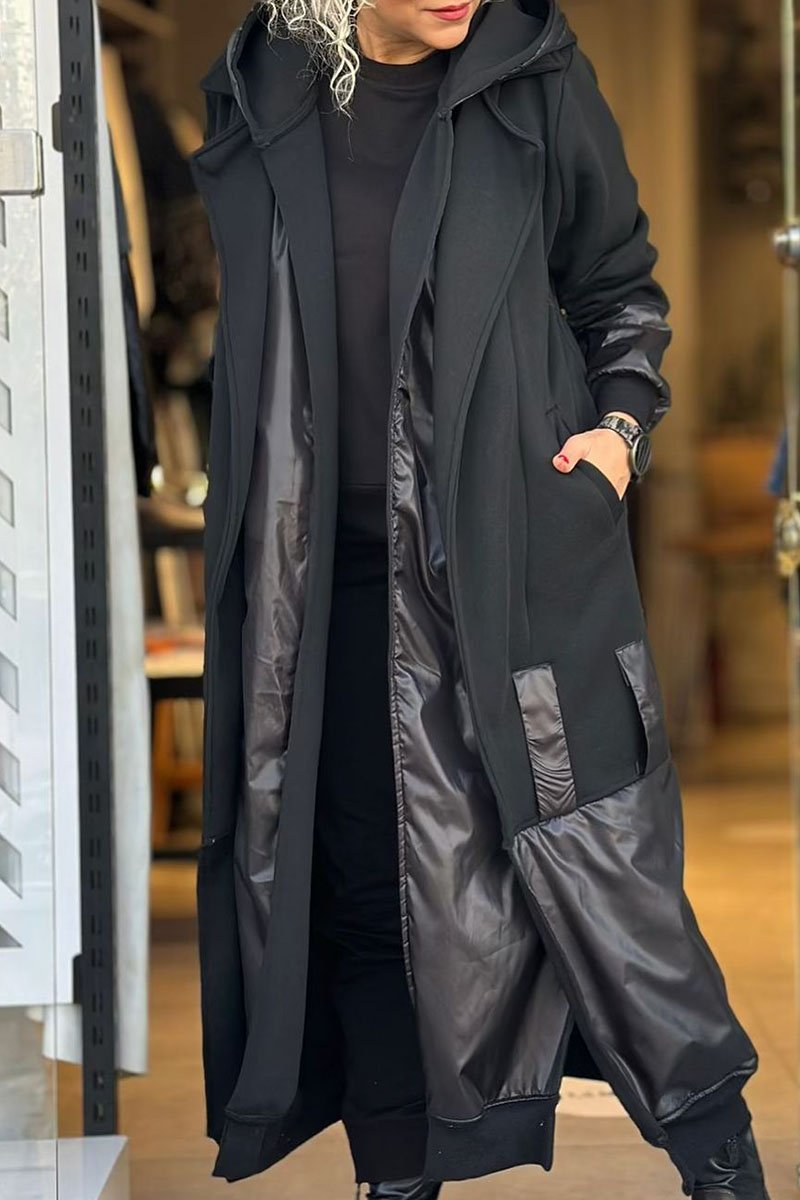 Women's Hooded Long-sleeved Patchwork Trench Coat black