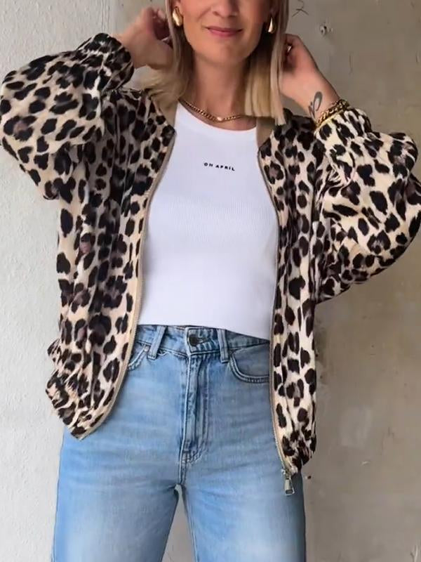 Women's Casual Round-neck Zippered Leopard Printed Jacket