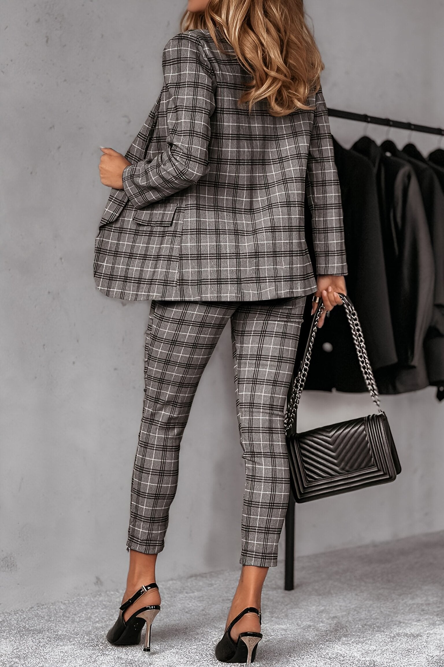 Women's Plaid Long Sleeve Blazers Suit