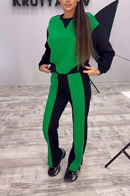 Women's Fashion Color Block Casual Sweater Suit Green and black