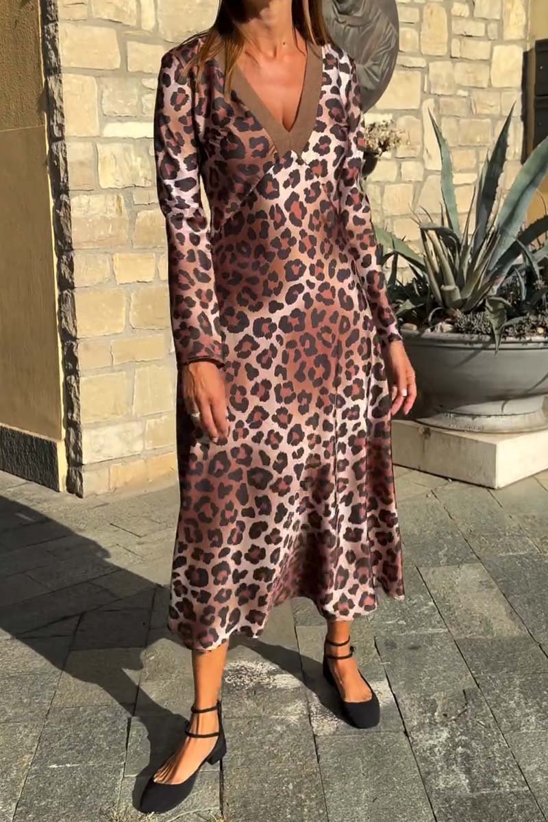 Women's Elegant Leopard Print V Neck Long Sleeve Dress Brown