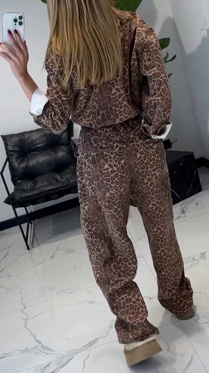 Women's Leopard Print Shirt and Trousers Set