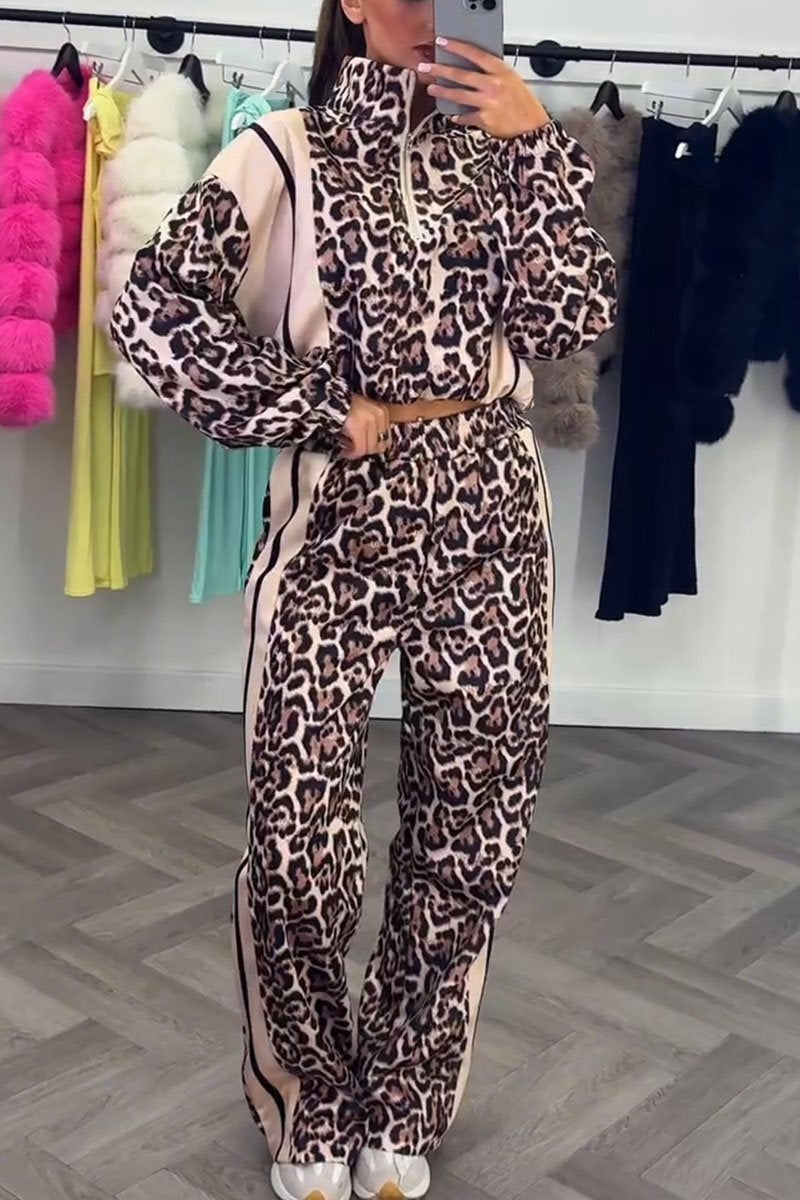 Women's Striped Patchwork Leopard Print Two-Piece Set