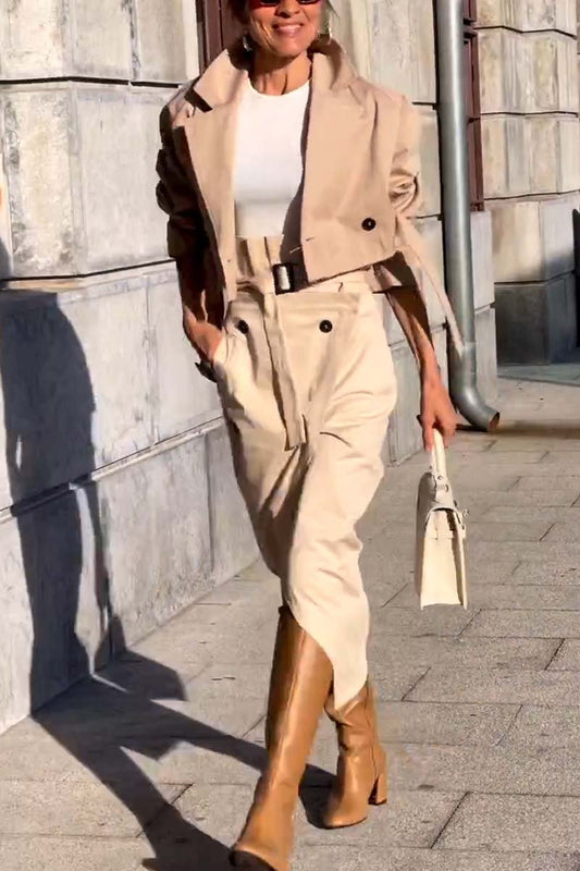 Women's Stylish Double Breasted Jacket and Skirt Set Khaki