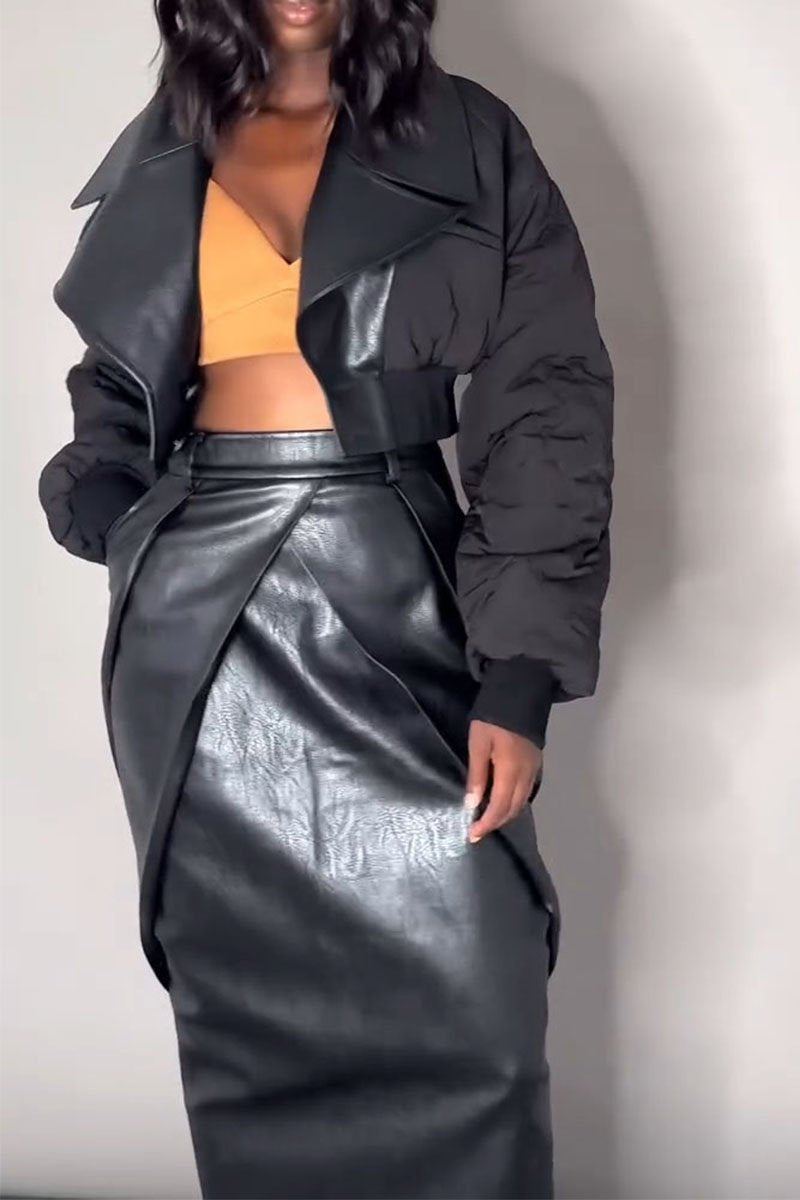 Women's Lapel Leather Jacket and Skirt Two-piece Set