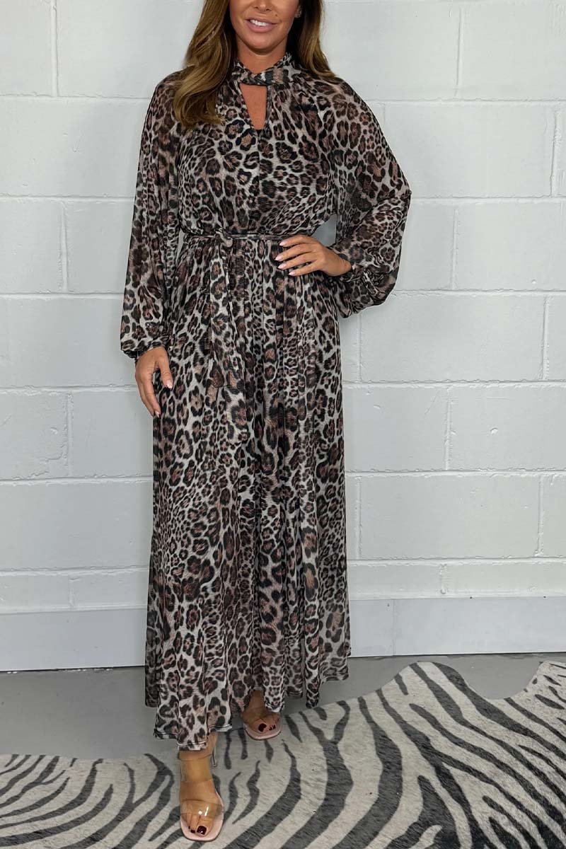 Women's Leopard Puff Sleeve Mesh Belted Maxi Dress Leopard