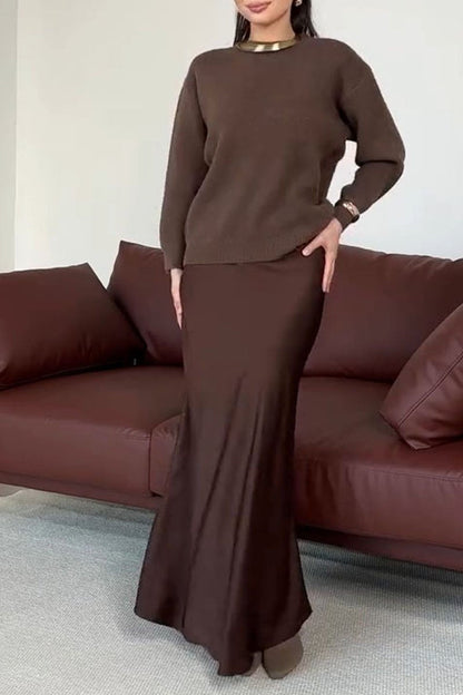 Women's Round Neck Long Sleeve Sweater Skirt Two Piece Suit brown