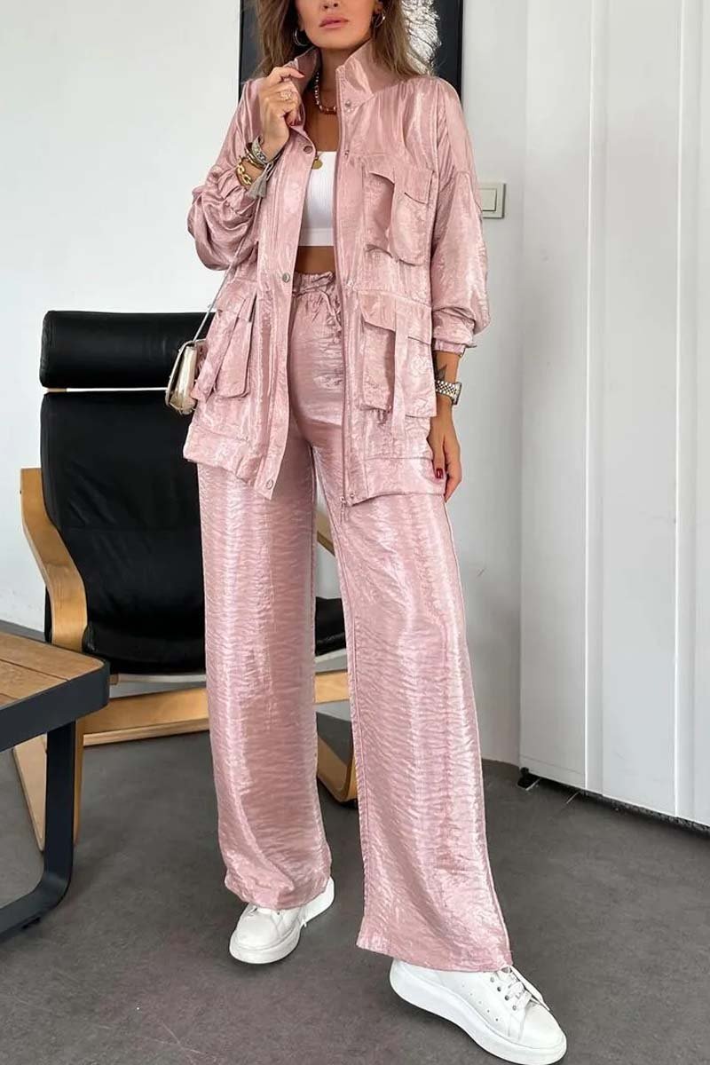 Women's Fashionable Multi-Pocket Shiny Two-Piece Set