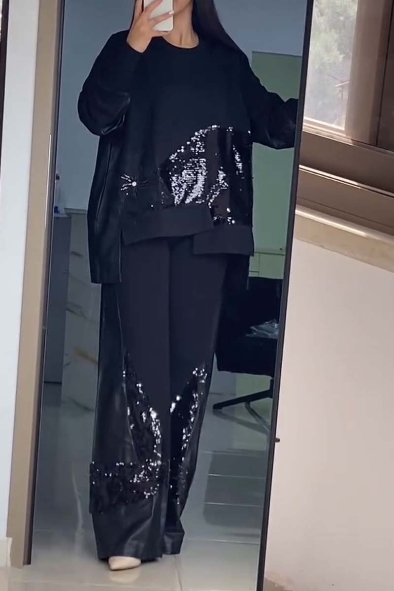 Women's Casual Sequin Patchwork Pants Suit Black