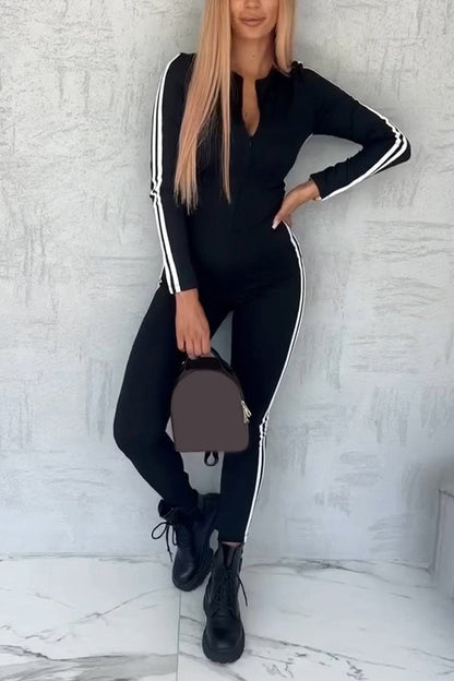 Women's Casual Round Neck Zipper Jumpsuit