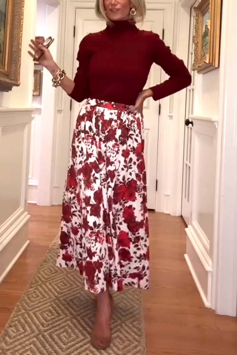 Women's Elegant Solid Color Knit Top and Printed Skirt Set Wine Red