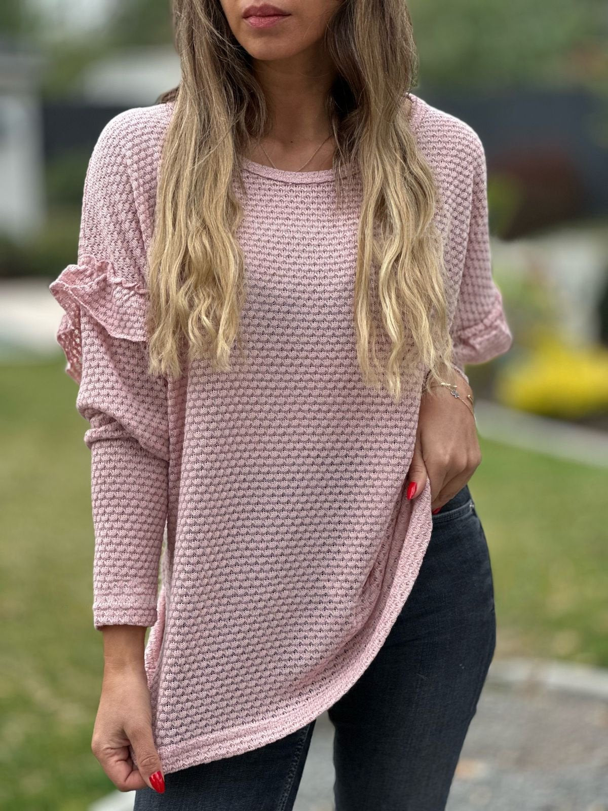 Women's Casual Solid Color Knitted T-shirt Pink