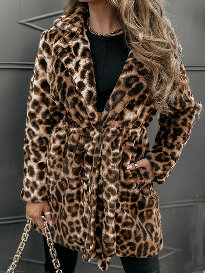 Women's Lapel Long Sleeve Leopard Print Fur Collar Casual Coat brown