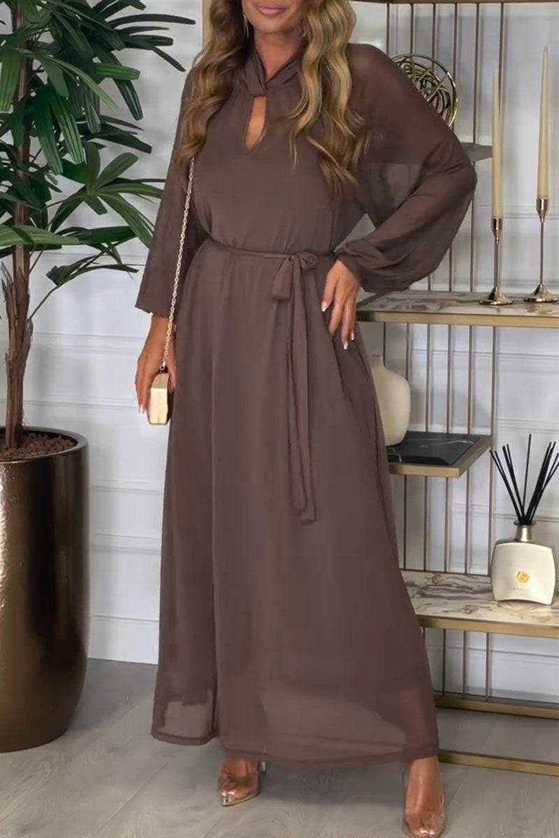 Casual Solid Color Long Sleeve Dress coffee