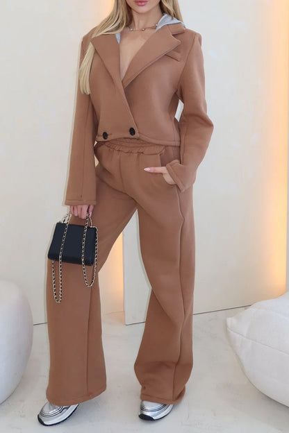 Women's Spring and Fall Casual Solid Color Lapel Suit brown