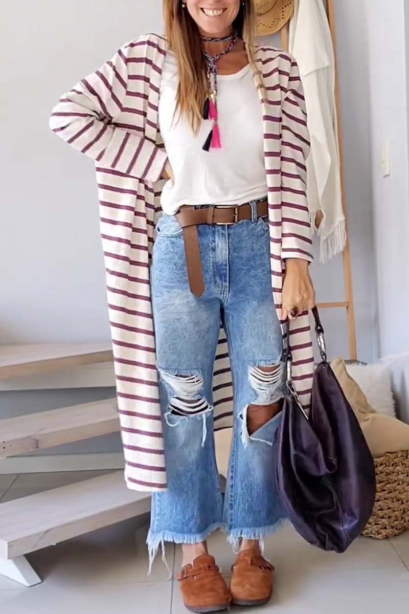 Women's casual loose striped knitted cardigan White