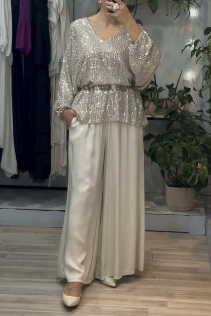 Women's Stylish Sequin Top and Satin Wide Leg Pants Set