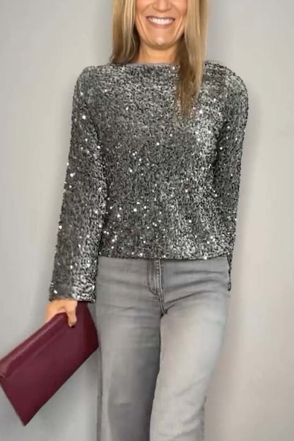 Women's Fashionable Sequined Round Neck Long Sleeve Top