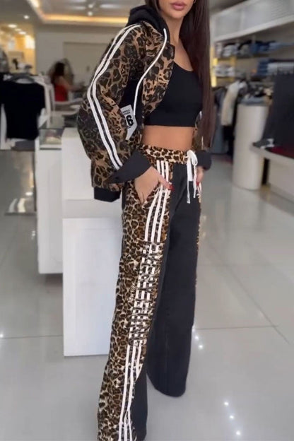 Women's Leopard Print Long Sleeve Hoodies Two Piece Set