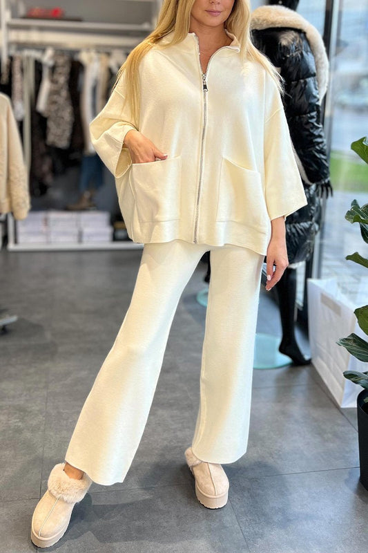 Women's Casual Zipper Solid Color Two-piece Suit off-white