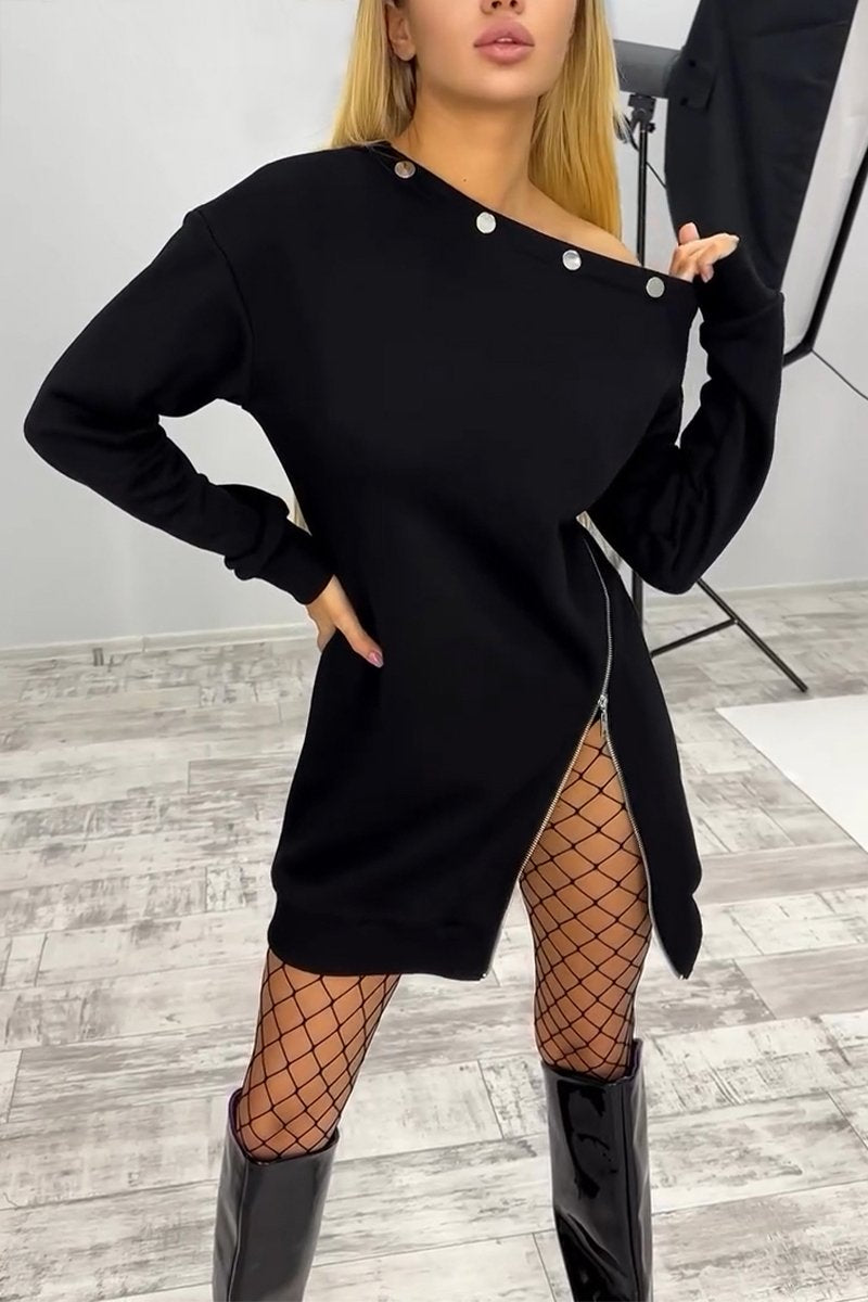 Women's Casual Oblique Collar Side Zipper Sweater Dress