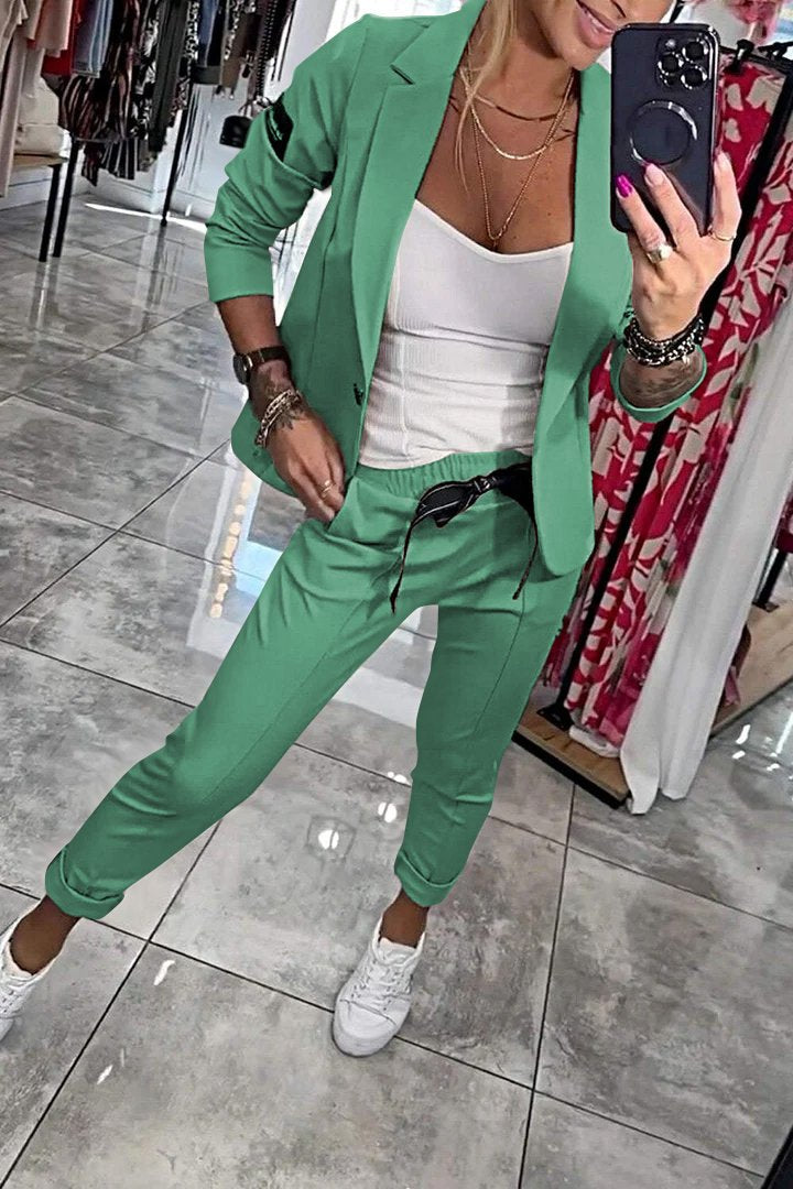 Women's Top Jacket & Elastic Pants Two-piece Set Green