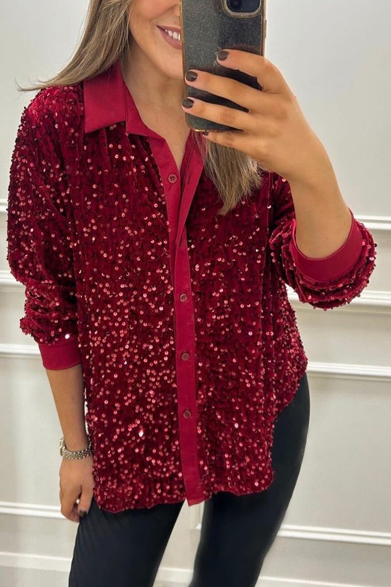 Women's Lapel Single Row Sparkly Party Shirt red