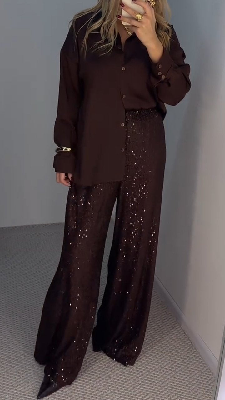 Women's Lapel Long Sleeve Sequin Fashion Suit brown