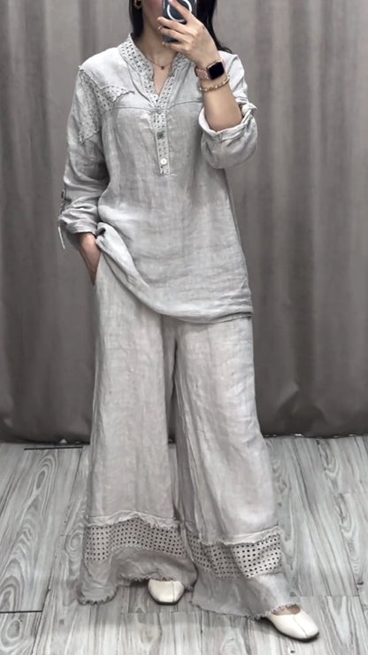 Women's V-neck Solid Color Long-sleeved Hollow Stitching Suit Gray