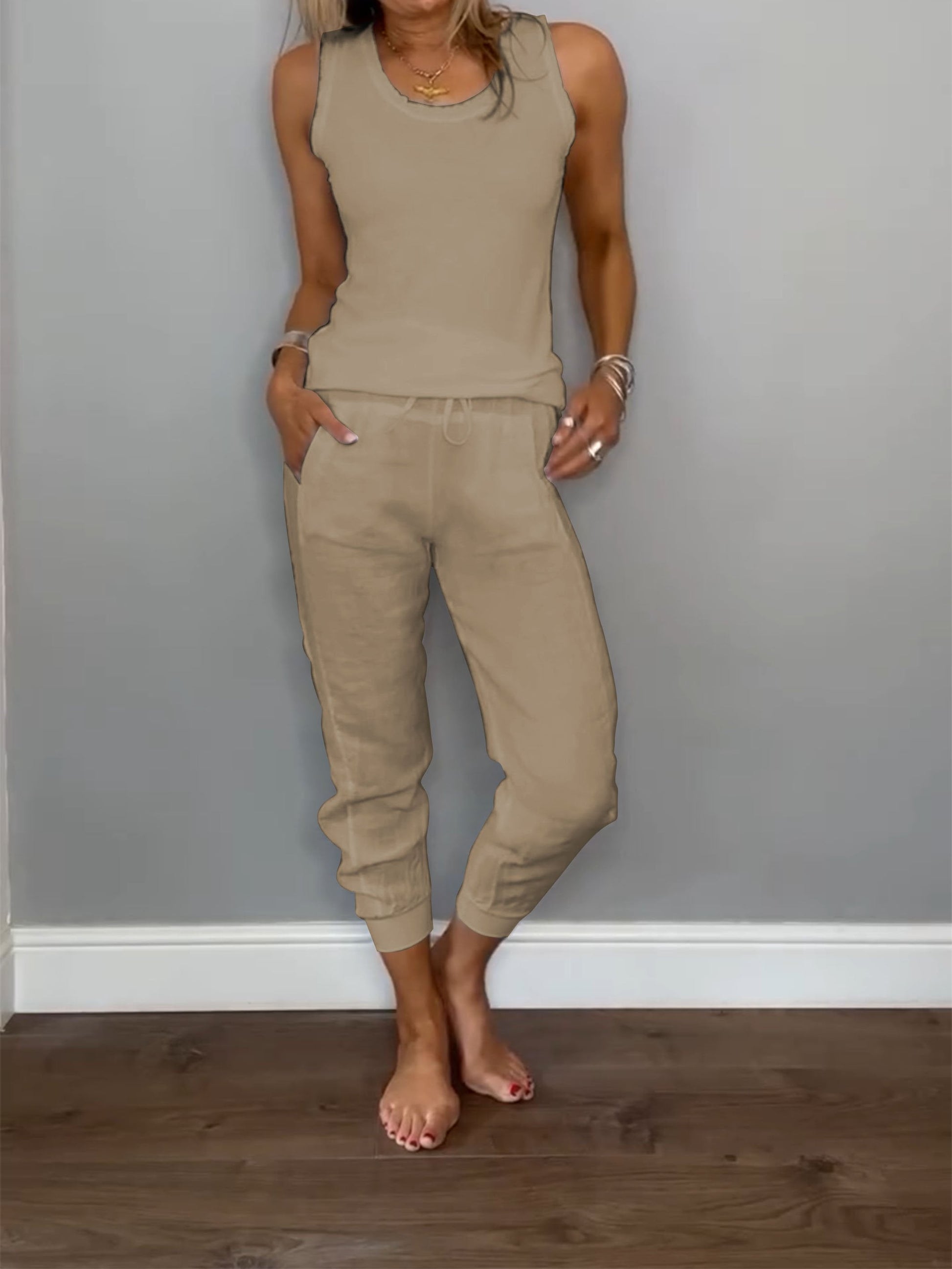 Women's Cotton and Linen Casual Two-piece Set Khaki