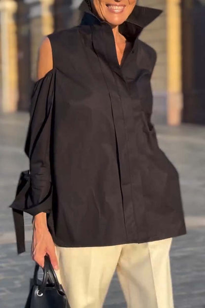 Women's Lapel Off Shoulder Solid Color Shirt Black