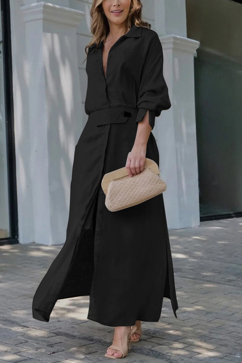 Cotton and linen solid color maxi dress Black