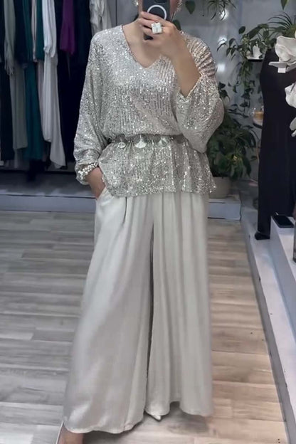 Women's Stylish Sequin Top and Satin Wide Leg Pants Set