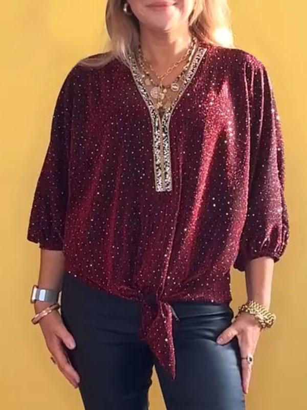 Women's V-neck Sequined Top red