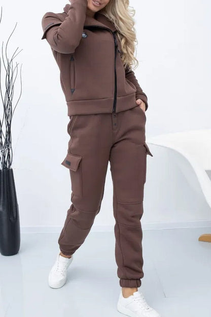 Women's Casual Solid Color Zip Cardigan Two Piece Set brown