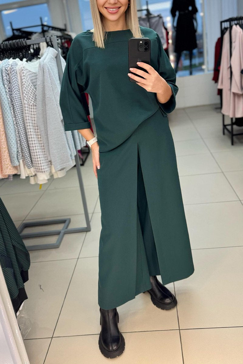 Women's Casual Round Neck Solid Color Two Piece Suit dark green