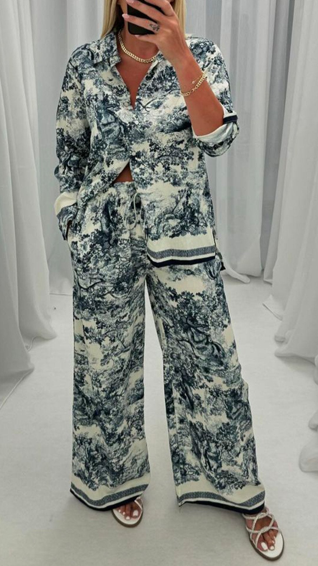 Women's Lapel Long-sleeved Printed Casual Two-piece Suit blue