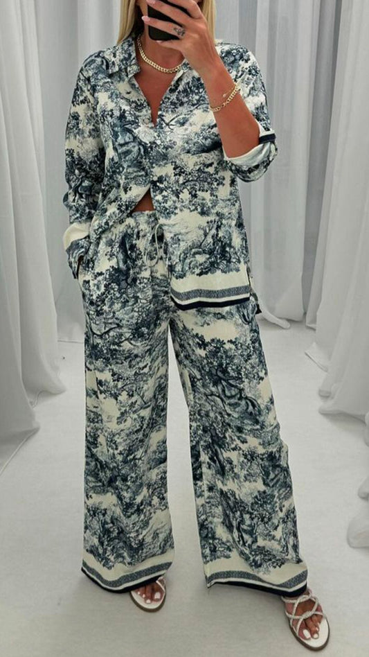 Women's Lapel Long-sleeved Printed Casual Two-piece Suit blue