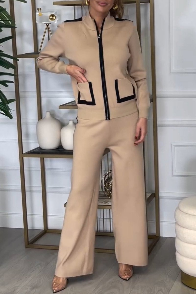 Women's Turtleneck Top and Trousers Two-piece Set khaki