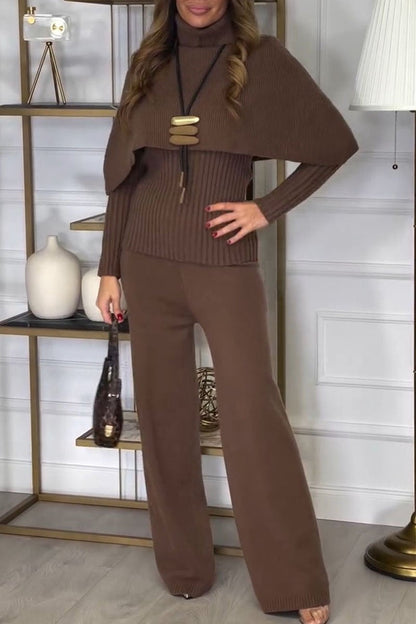 Women's Turtleneck Long Sleeve Sweater Two Piece Set brown