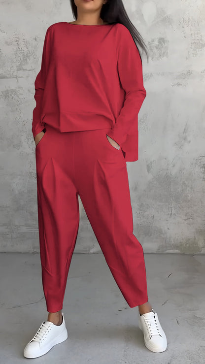 Casual Round Neck Long Sleeve Two Piece Suit red