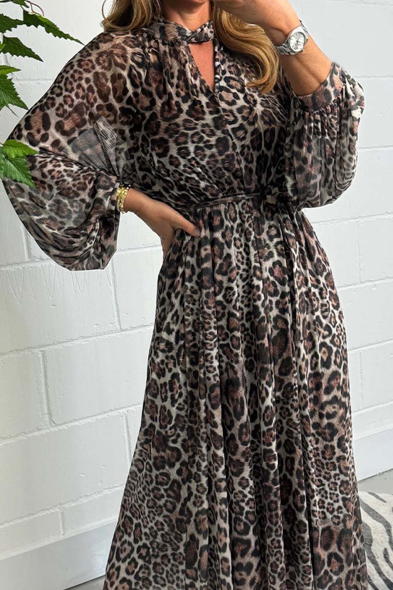 Women's Leopard Puff Sleeve Mesh Belted Maxi Dress