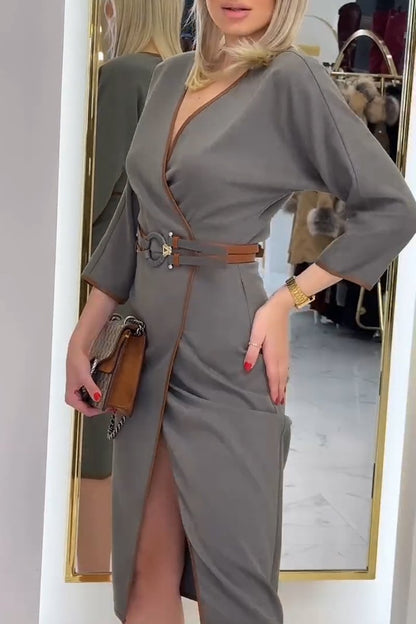 Women's Fashion V-Neck Slit Belt Dress