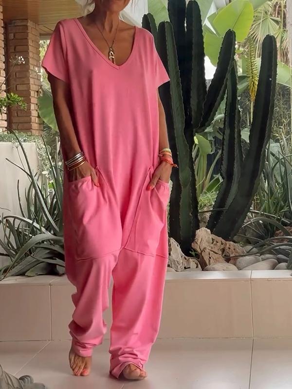 Casual V-neck Solid Color Jumpsuit pink