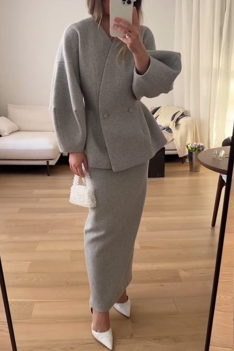 Women's Long-sleeved Top and Hip Skirt Suit grey