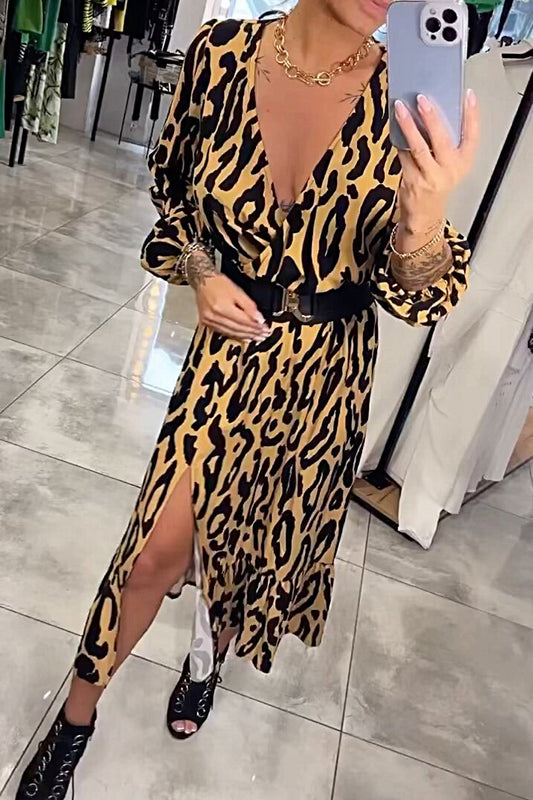 Women's V-neck Leopard Print Dress Leopard yellow