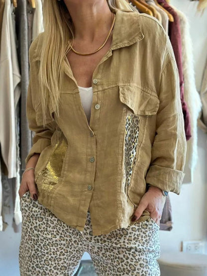 Women's Casual Printed Shirt Jacket Khaki